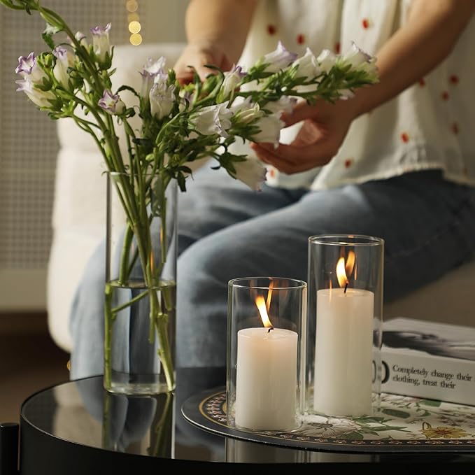 UDU Set of 6 White Pillar Candles and 6 Glass Cylinder Vases Hurricane Holders, Slim Pillar Candle Holder, Cylinder Vases for Centerpieces Wedding Table Party Home Decor(2.6" X 4.7", 5.9", 7.9")