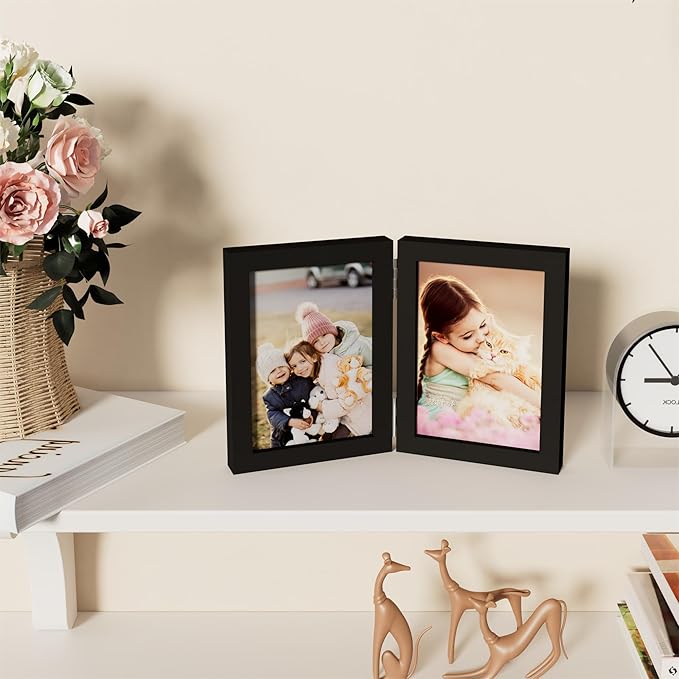 decorUhome Double 5x7 Picture Frame Vertical, Engineered Wood Bifold Photo Frame with Plexiglass for Tabletop Display, 5x7, Black