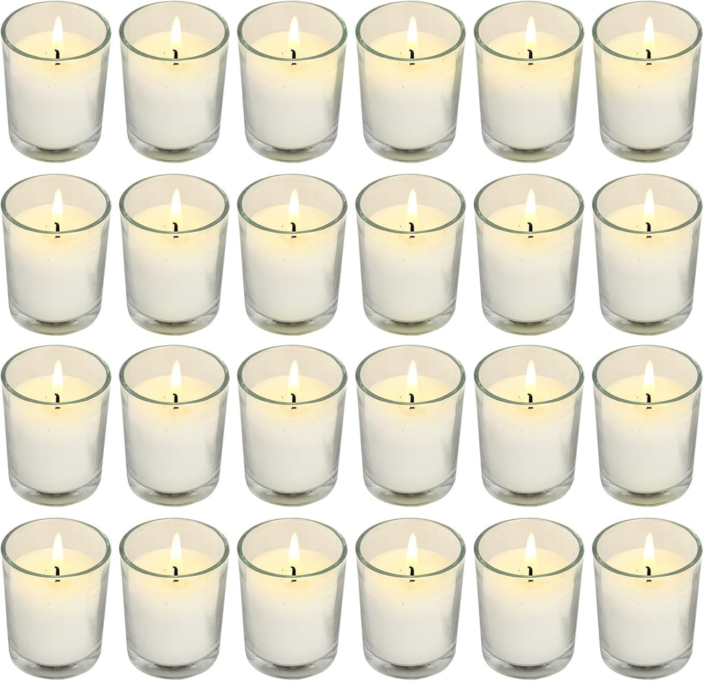 Soft Breeze 24 Pack Ivory Unscented Votive Glass Candles for Wishing, Hydrotherapy, Wedding, Birthday, Holiday, Party