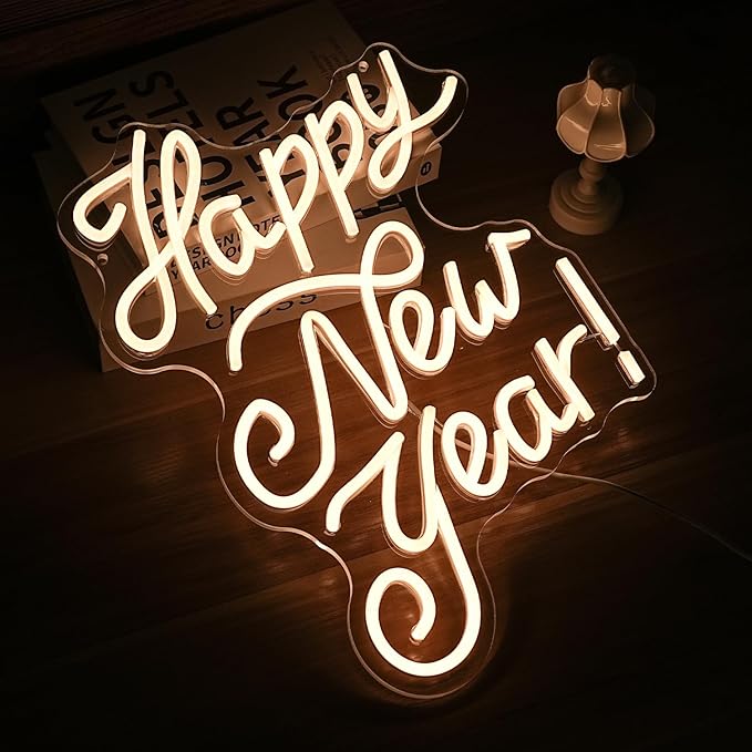 Happy New Year Neon Sign Warm White Led Neon Lights for Wall Decor Usb New Year Light Up Signs for New Year Party Decor Home Bedroom Indoor Decorations