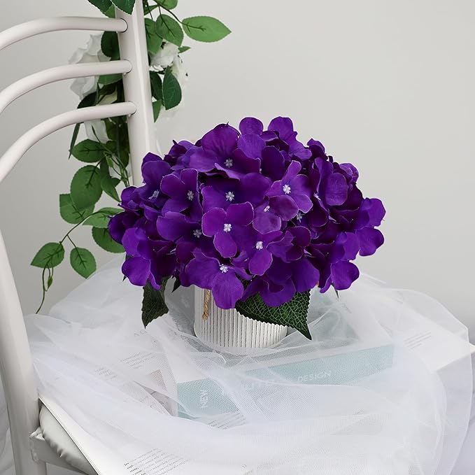 Flower Table Centerpieces - Set of 6 Floral Arrangement Artificial Wedding Hydrangeas Floral Arrangement with Rustic Metal Vase for Bridal Tea Party Event Decorations - Deep Purple