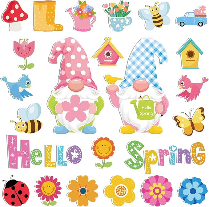 25 Pcs Hello Spring Magnet Car Decorations Colorful Waterproof Flowers Automotive Magnet Stickers Refrigerator Bee Butterfly Gnome Magnets Home Decor Party Supplies for Cars Office Whiteboard