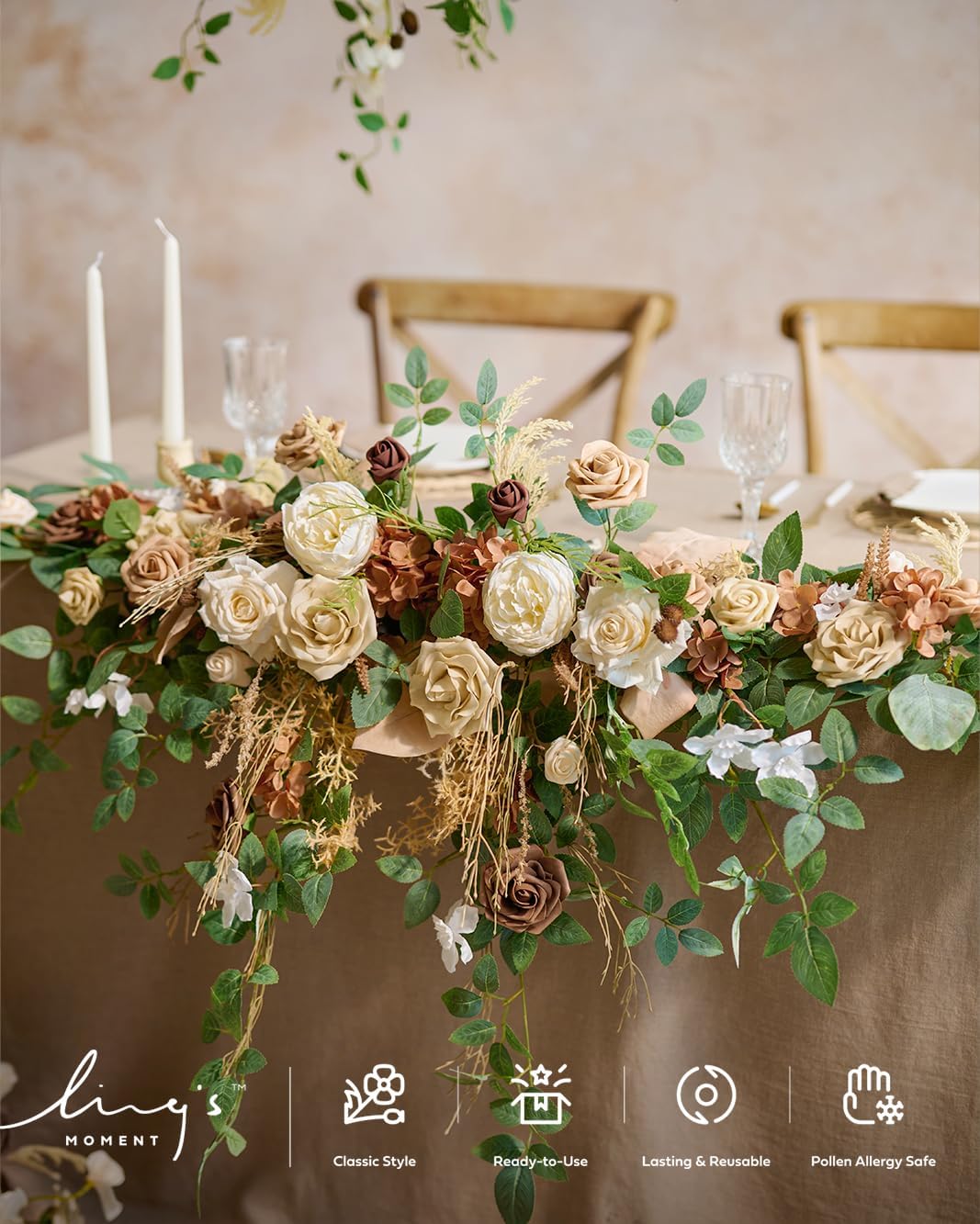 ling's moment brown artificial flower garland wedding arch, side view
