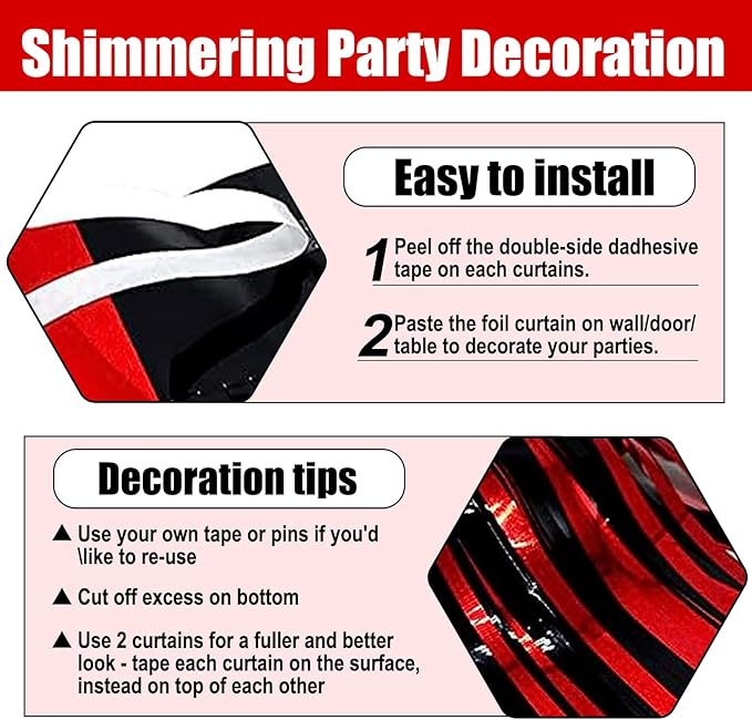 6 Pack Black Red Foil Fringe Curtain Backdrop, 3.28Ft x 8.2Ft Metallic Tinsel Foil Fringe Streamer Curtains for Photo Booth, Birthday, Wedding, New Year Party Decorations
