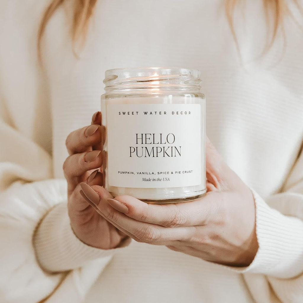 Sweet Water Decor Hello Pumpkin Candle - Fall Soy Candles with Pumpkin, Warm Spices, Vanilla and Buttery Pie Crust - Pumpkin Candles for Home with 40 Hours Burn Time - 9Oz Gold Lid Clear Jar Candle