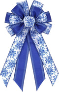 Blue Chinoiserie Wreath Bow, 21 Inch Large Spring Floral Wired Ribbon for Front Door, Grandmillennial Wedding Lantern Decor