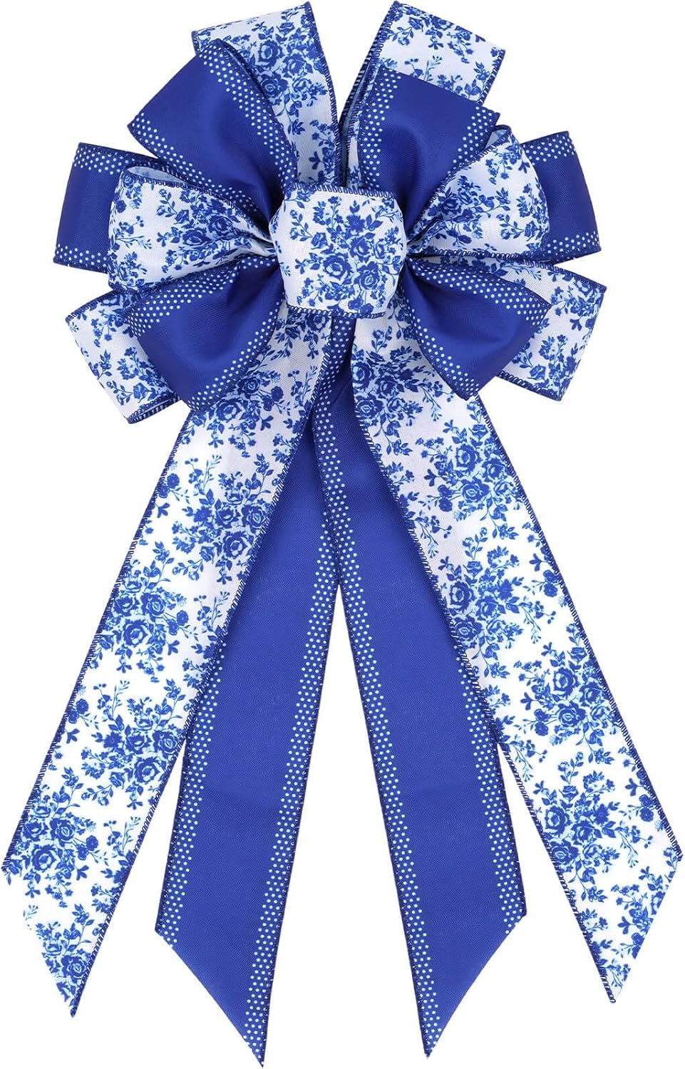 Blue Chinoiserie Wreath Bow, 21 Inch Large Spring Floral Wired Ribbon for Front Door, Grandmillennial Wedding Lantern Decor