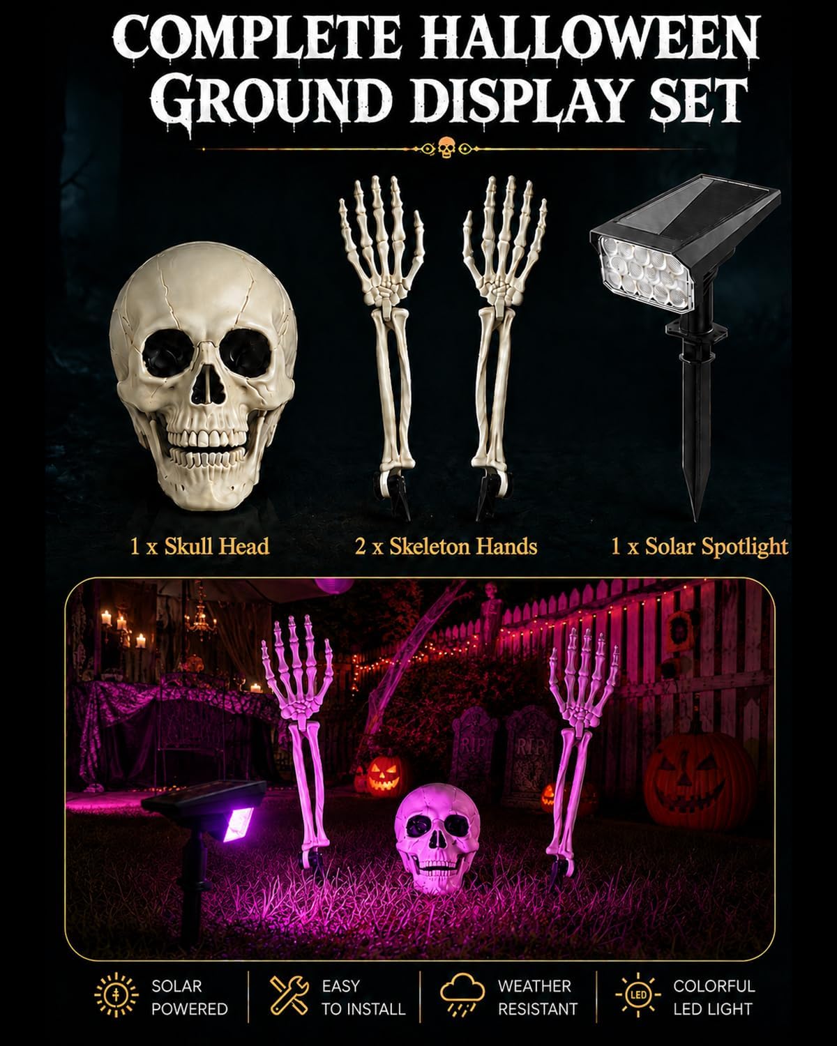 Solar Halloween Lights Outdoor with Skeleton Head and Hands