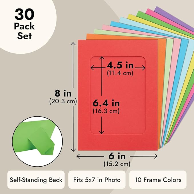 Juvale Picture Frame Craft Kit - 5x7 in, 30-Piece Multi-Color Set - Paper & Cardboard DIY Picture Frames with Easel Backs - Paintable Classroom & Wedding Photo Display
