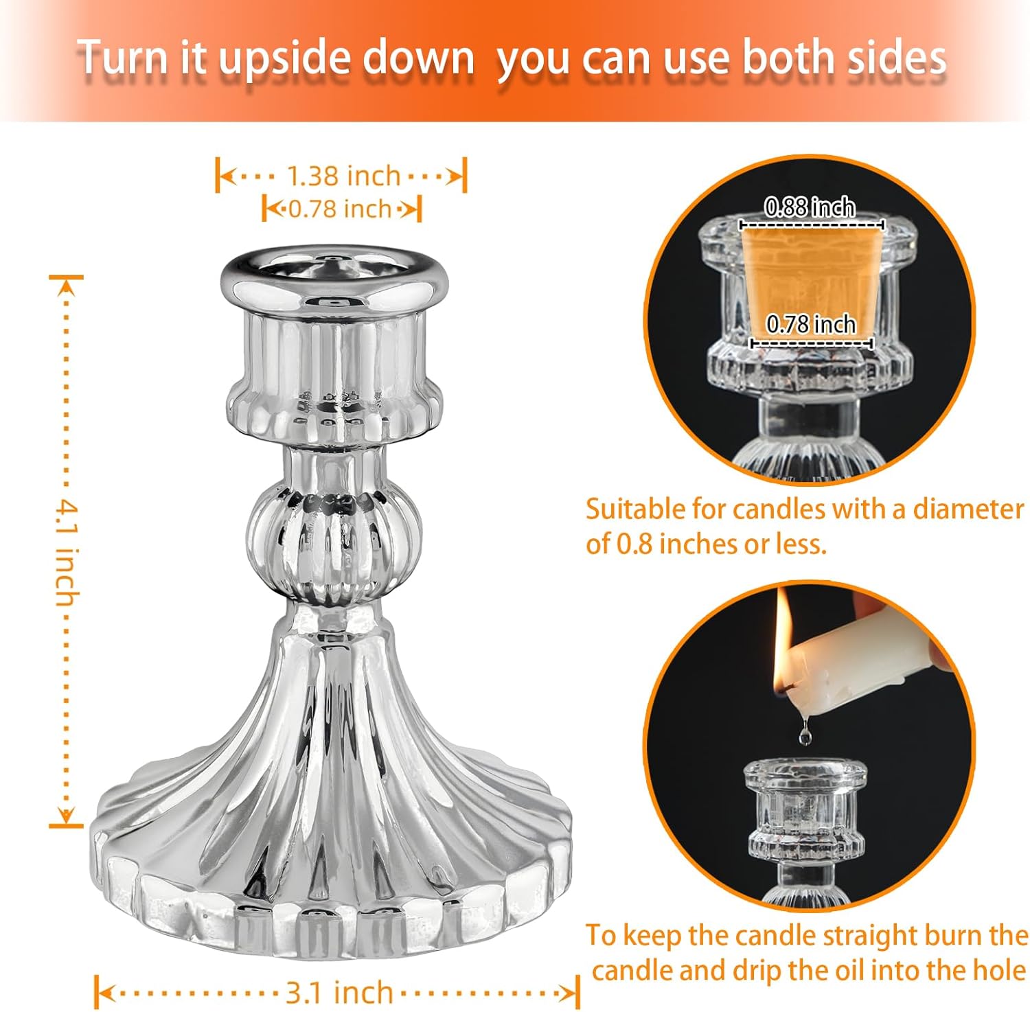 Silver Glass Candlestick Holders, Taper Candle Holders, Set of 6 | Silver glass for taper holders, ideal for wedding centerpieces, parties, dining tables, Thanksgiving and Christmas home decor