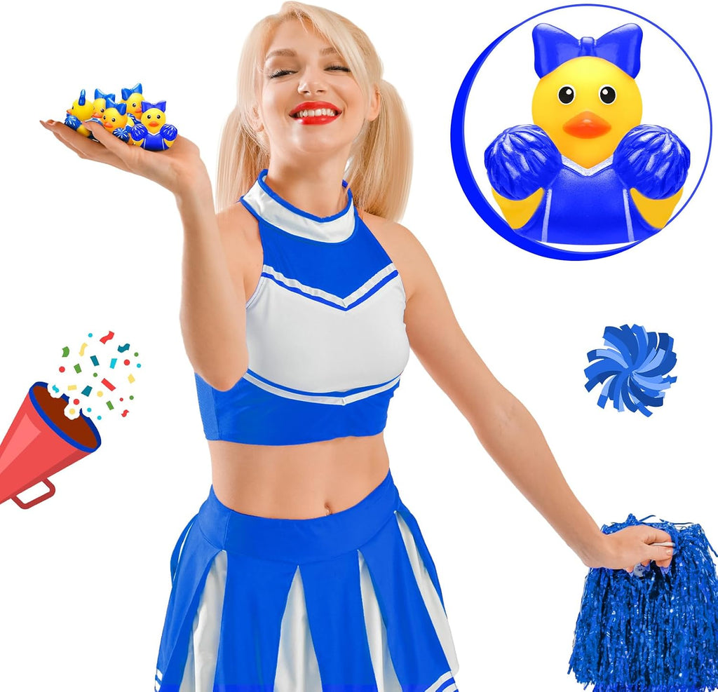 MiniInflat 12 Pcs Cheer Team Gifts Bulk Cheerleader Mini Rubber Ducks with Bows Cheer Party Favors Ducks Cheerleading Competition Gifts Accessories Goodie Bags Stuffers Party Decorations (Blue)