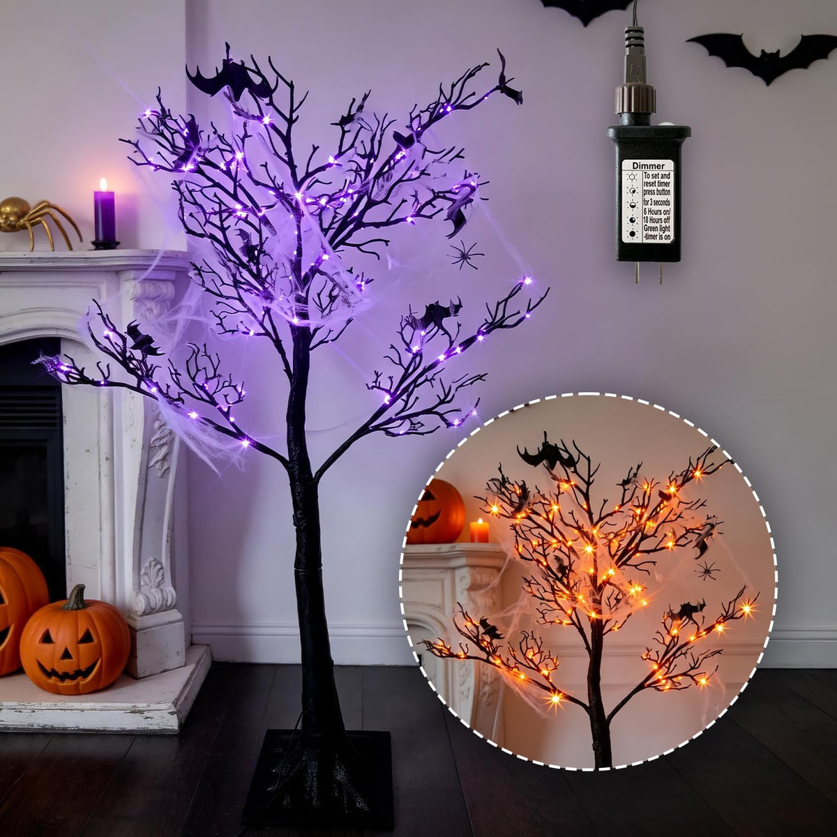 HipTree Lighted Black Halloween Tree 4ft with 150LED Orange Purple Lights