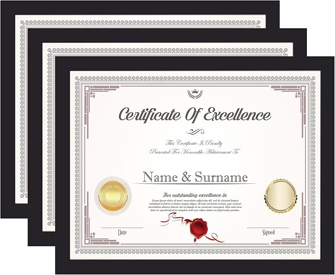 KTKDE 8.5x11 Picture Frame Black Certificate Document Frame 3 Pack Diploma Frames, Poster and Photo, Horizontal and Vertical Formats for Wall Hanging or Tabletop with Shatter Resistant Plexiglass