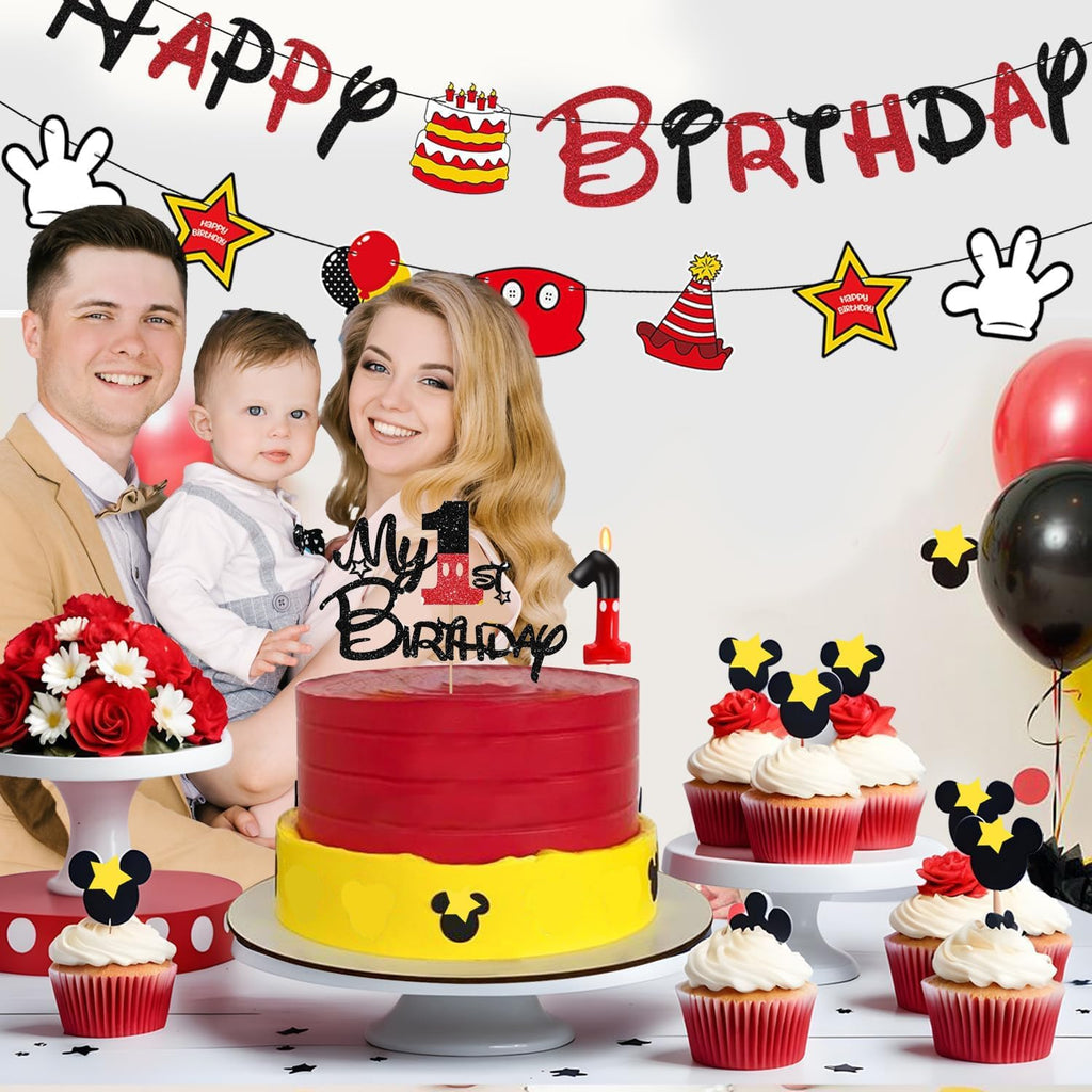 1st Birthday Cake Decorations for Boys, One Year Old Birthday Numeral 1 Cake Candles and Glitter Cartoon Black Red Cake Toppers Set for Birthday Party Supplies (Number 1, Red)
