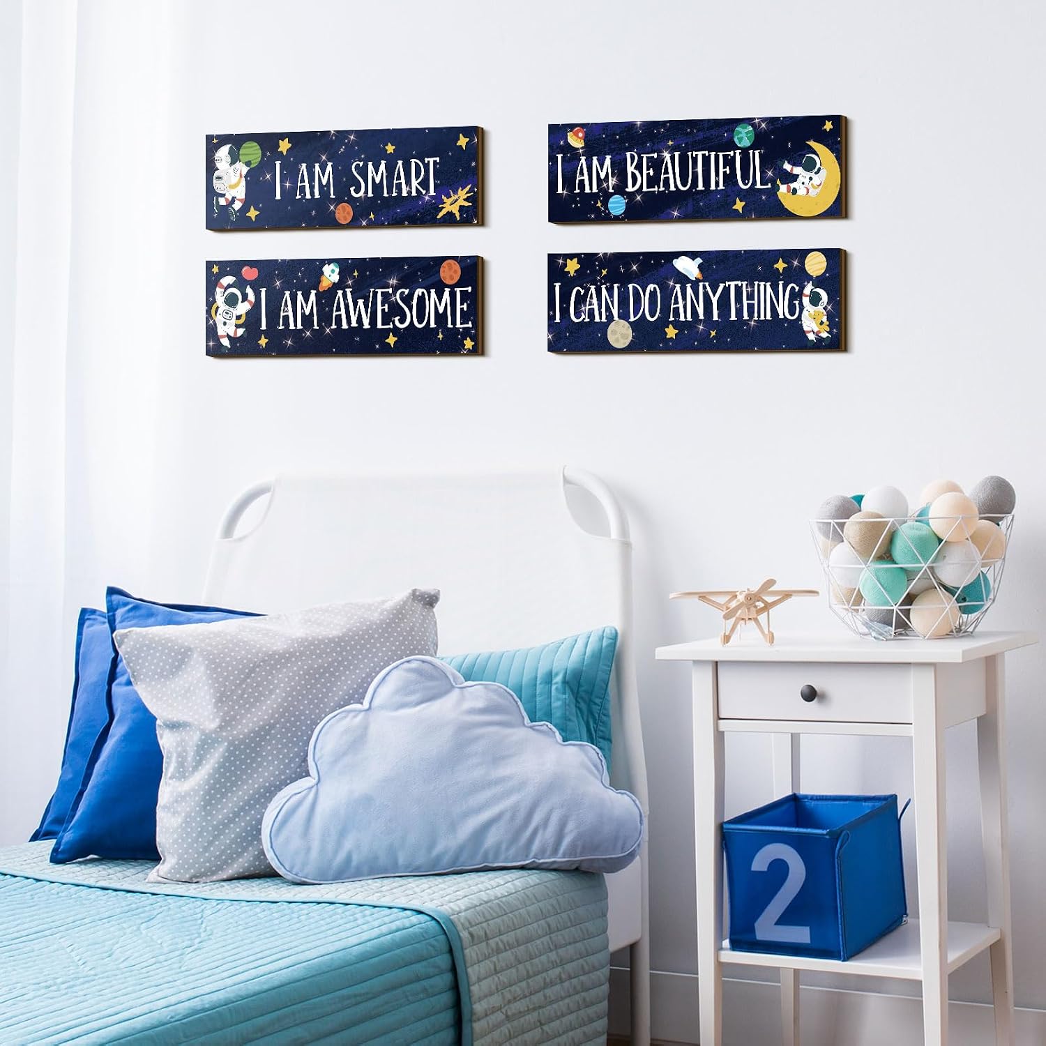 Yookeer 4 Pcs Space Room Decor for Kids Boys Outer Space Wall Art Bedroom Decor for Nursery Classroom Astronaut Galaxy Posters Spaceman Wood Sign Be Brave and Be Kind for Baby Boy(I)