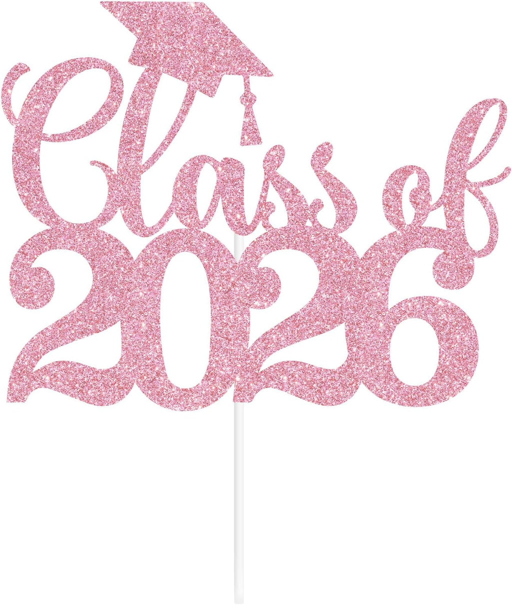 Black Glitter Class of 2026 Cake Topper, Congrats Grad 2026/Congrats Class of 2026/Congratulations, 2026 Graduation Party Decorations Supplies (2026, Pink)