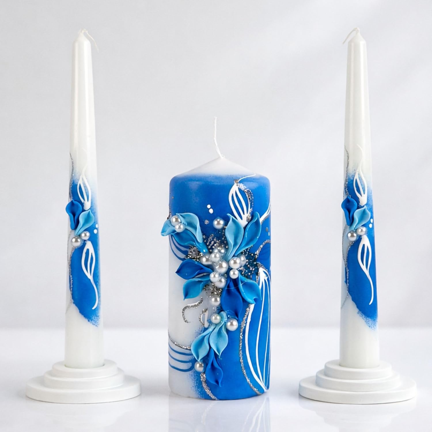 Unity Candle Set for Wedding Ceremony & Reception – 6” Pillar & Two 10” Taper Candles – Wedding Decor for Reception and Church Services – Handmade in USA –White | Royal Blue
