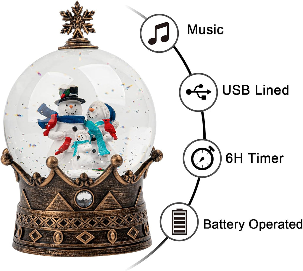 Snow Globe Lighted Christmas Decorations, Snowman Family Musical Crown Snow Globe Lantern with Swirling Glitter, Christmas Holiday Party Gifts and Decorations