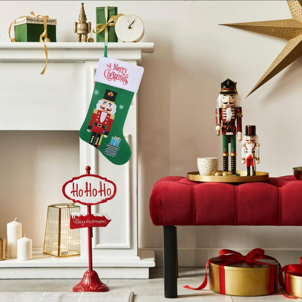 20" Christmas Stockings Nutcracker Green with Plush Cuff | Green Christmas Stocking with Nutcracker Soldier Embroidery, Fireplace Hanging Decor for Christmas Holiday Party Supplies