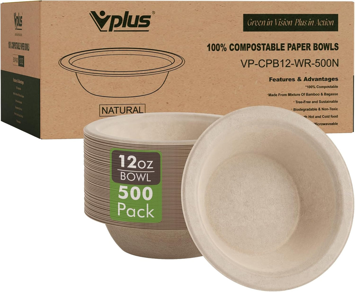 Vplus 500 Pack 12 OZ Compostable Paper Bowls, Bagasse Bowls Bulk，Nature