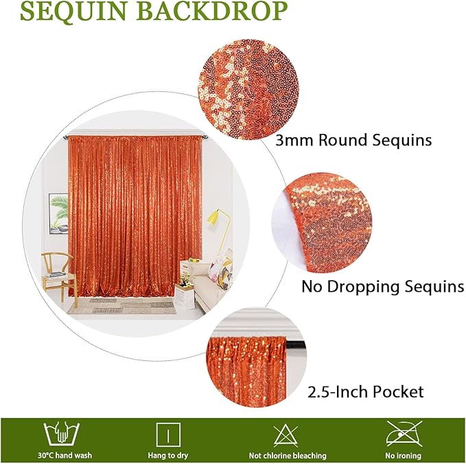ShinyBeauty 4x10ft Sequin Backdrop Curtains - 4-Panel Orange Glitter Photography Background for Parties, Halloween, Christmas Decor (Reusable)