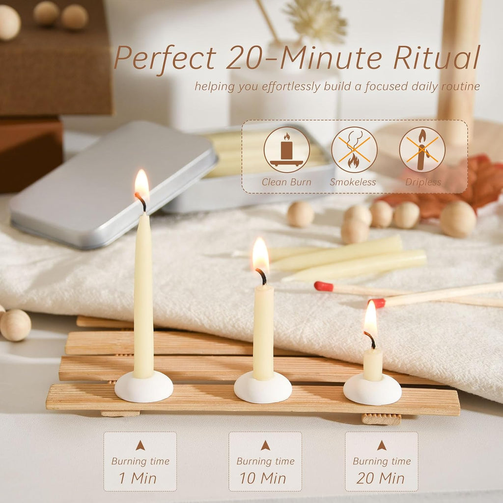 20 Minute 100% Pure Beeswax Candles, Mini Mindful Meditation Taper Candles, Smokeless & Dripless with Holder for Yoga, Prayer, Relaxation (White,24 Pack)
