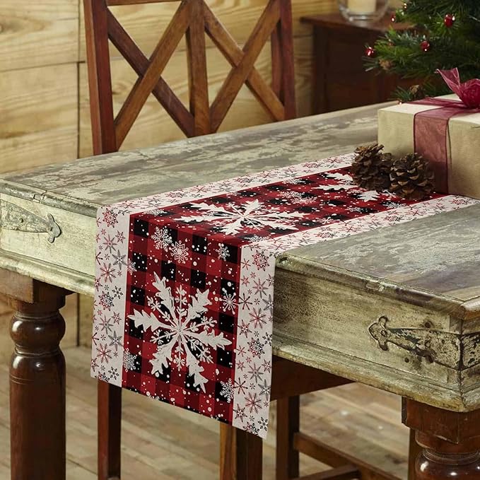 Buffalo Plaid Christmas Cotton Linen Table Runner for Dining Kitchen, Snowflake Red Black Check Wedding Outdoor Party Tablerunner Decoration, Retro Dresser Scarf Coffee Tablecloth Runners 13x36 Inches