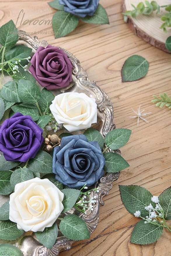 Floroom Artificial Flowers 50pcs Real Looking Champagne Foam Fake Roses with Stems for DIY Wedding Bouquets Bridal Shower Centerpieces Floral Arrangements Party Tables Home Decorations
