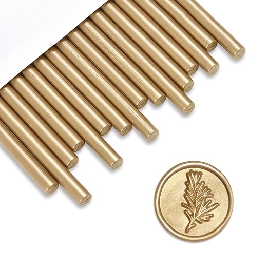 UNIQOOO Mini Glue Gun Sealing Wax Sticks for Wax Seal Stamp - Metallic Gold Prosecco, Great for Wedding Invitations, Christmas Cards, Snail Mails, Wine Packages, Christmas Gift Ideas, Pack of 16