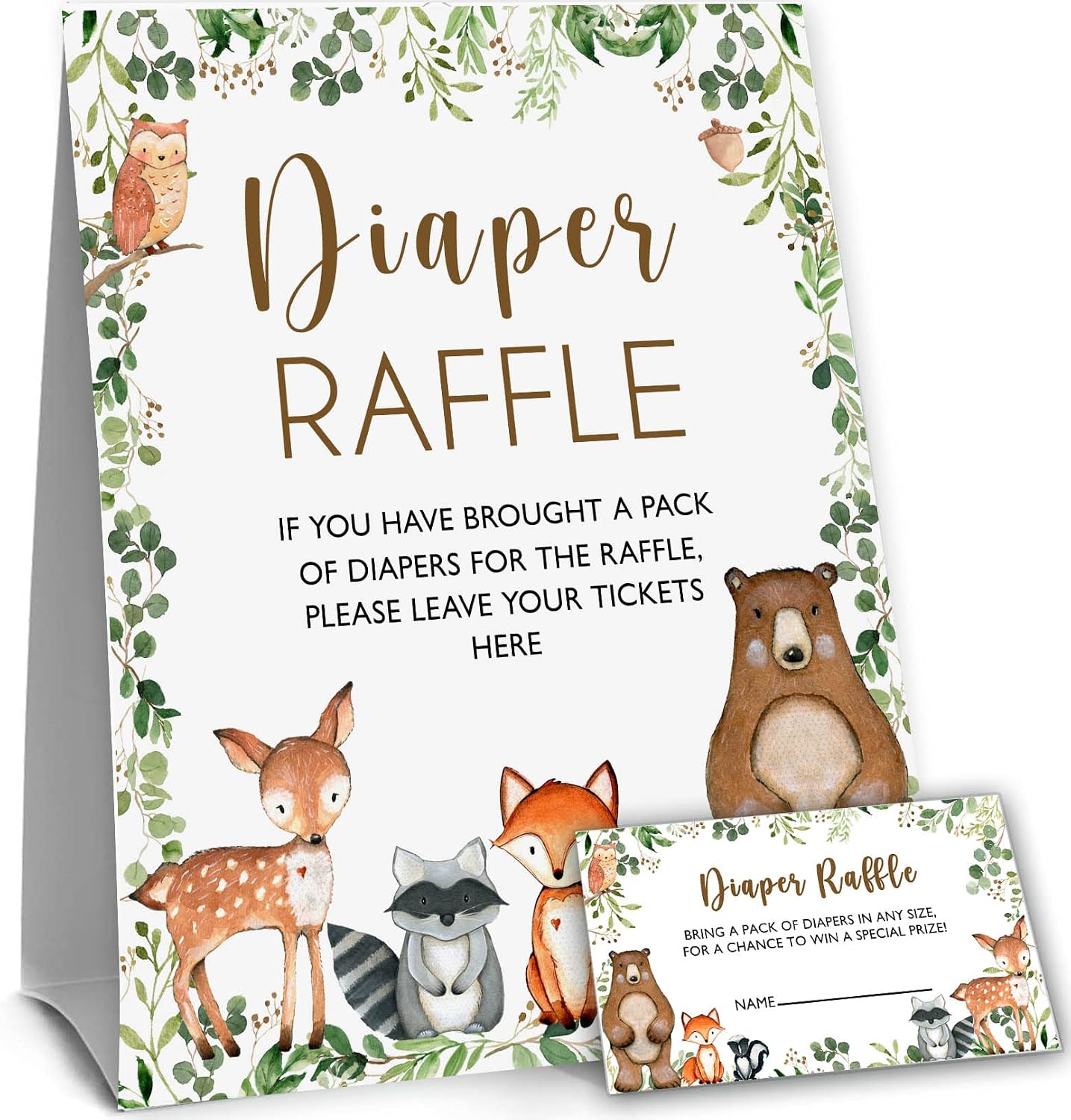 Yuzioey Woodland Greeting Card - Diaper Raffle Tickets and Sign, Woodland Forest Baby Shower Game, Gender Neutral