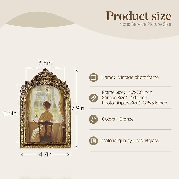 Cuspin Vintage 4x6 Picture Frame, Gold Ornate Resin Frames with Plexiglass Front for Tabletop and Wall Mounting, Antique Arched Photo Frame for Home Office Decor