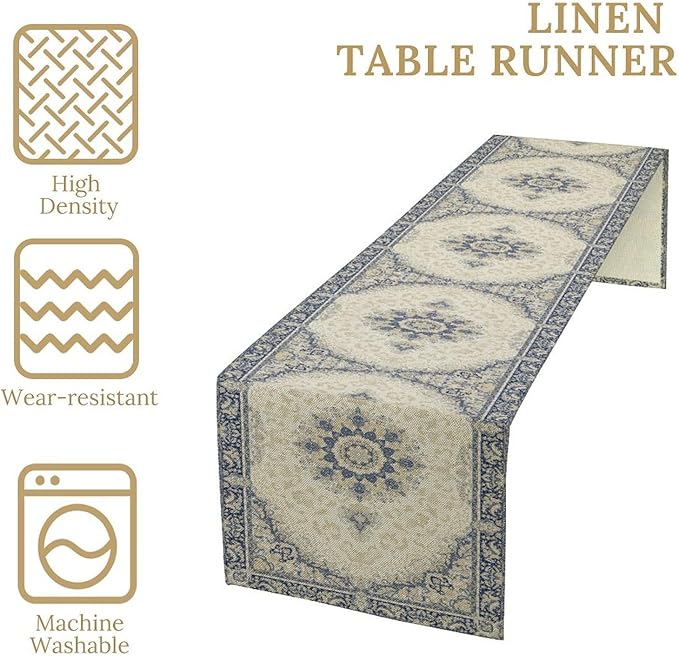 Boho Bohemia Style Table Runner, Vintage Blue Gold Retro Flower Rustic Country Style Floral Print Pattern for Home Kitchen Table Decor Dining Coffee Room Garden Party Decor 13x108in