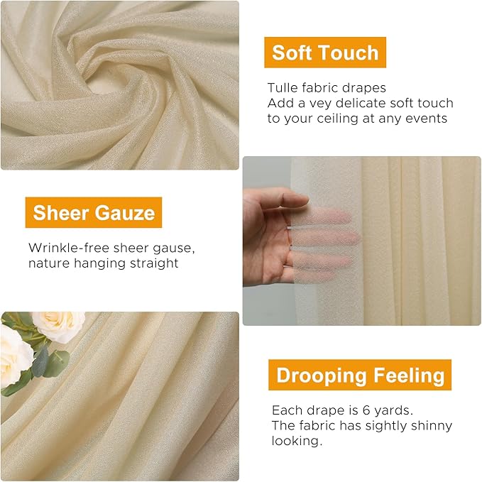 Wedding Arch Draping Fabric 6 Panels 28.7" x 20FT Champagne Sheer Chiffon Backdrop Drapes for Wedding Ceremony Birthday Party Bridal Shower Outdoor Decoration