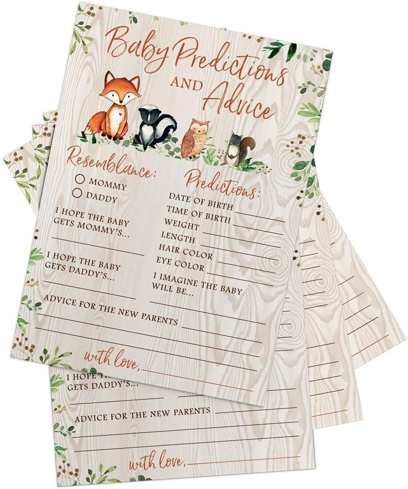 Printed Party Baby Predictions & Advice for New Parents – Woodland Baby Shower Activity, Set of 50 Cards, Gender Neutral Forest Animals Theme