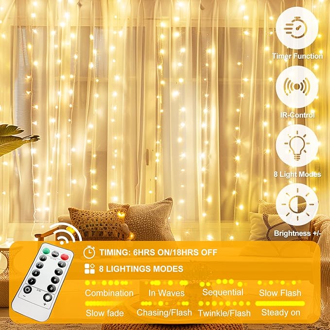 2 Pack Fairy Curtain Lights Upgraded Tangle-Free Warm White USB Plug in 8 Modes String Hanging Lights with Remote for Christmas, Bedroom, Indoor, Outdoor, Weddings, Party (6.6FTx6.6FT)