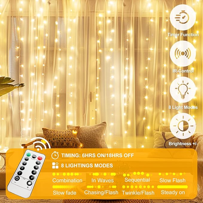 2 Pack Fairy Curtain Lights Upgraded Tangle-Free Warm White USB Plug in 8 Modes String Hanging Lights with Remote for Christmas, Bedroom, Indoor, Outdoor, Weddings, Party (10 FTx10 FT)