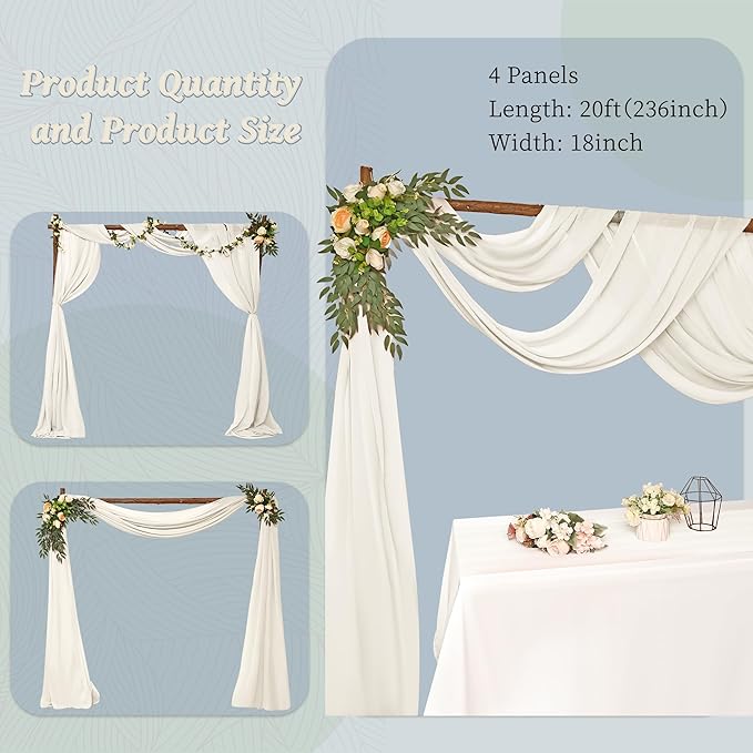 4 Panels Wedding Arch Draping Fabric 28" x 20 Ft Nuptials Arch Drapes Chiffon Fabric Drape Sheer Backdrop Curtain for Wedding Party Ceremony Birthday Swag Arbor Drapery Reception Ceiling Decor(Ivory)