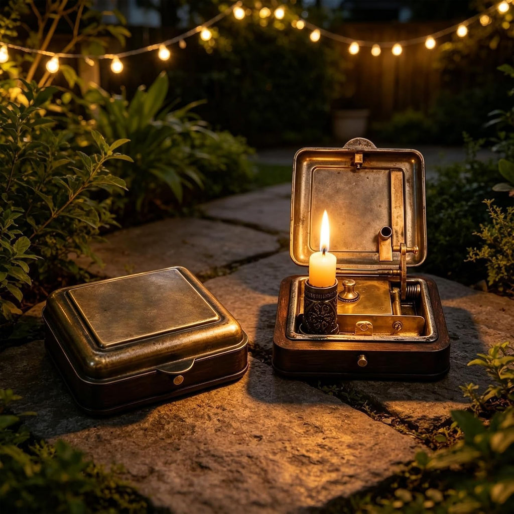 Mechanical Candle Box, Vintage Pocket Lighter & Candle Holder with Snuffer, Antique Brass Wind-Up Travel Candle Vault for Desk Decor, Camping, Collectors