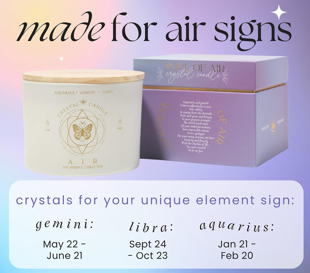 Aquarius, Gemini, Libra Gifts for Women - 12oz Wood Wick Candles that Crackle with Crystals and Healing Stones. Healing Crystal Candles for Women Home Scented. Soy Wax, for Zodiac Birthdate