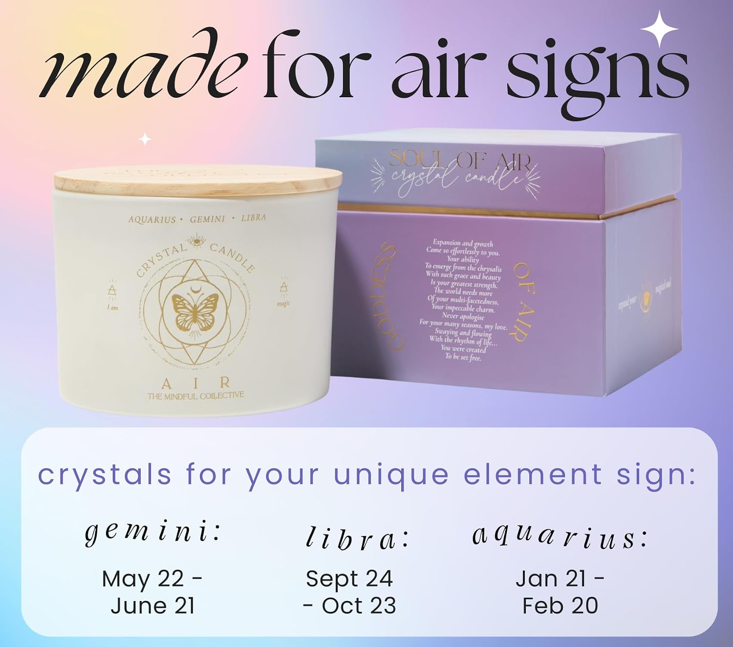 Aquarius, Gemini, Libra Gifts for Women - 12oz Wood Wick Candles that Crackle with Crystals and Healing Stones. Healing Crystal Candles for Women Home Scented. Soy Wax, for Zodiac Birthdate