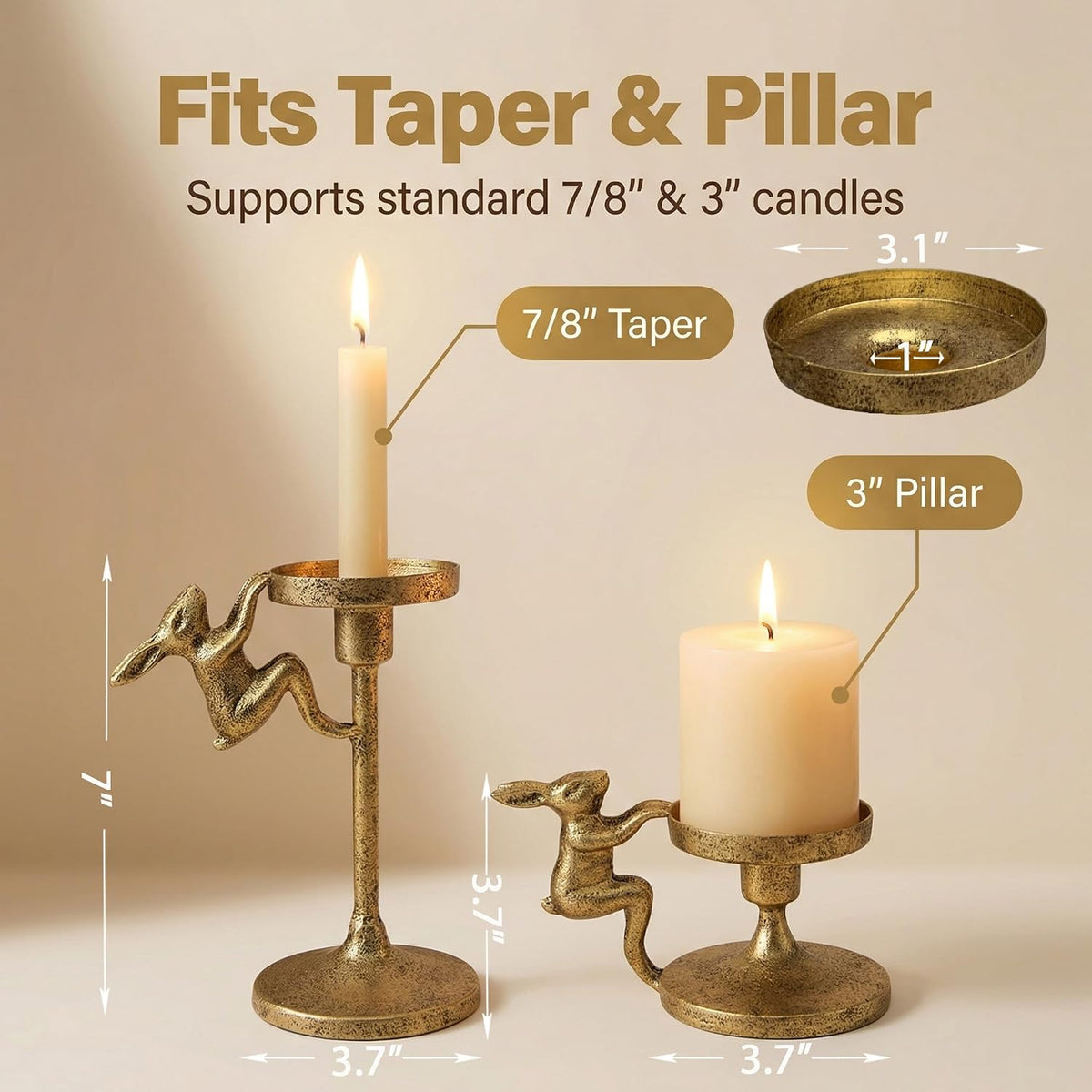 Set of 2 Cast Iron Climbing Bunny Candle Holders, Vintage Heavy-Duty Decorative Stands for 7/8" Taper Candlesticks and 3" Pillar Candles, Lively Easter & Spring Mantel Decor (Antique Brass)