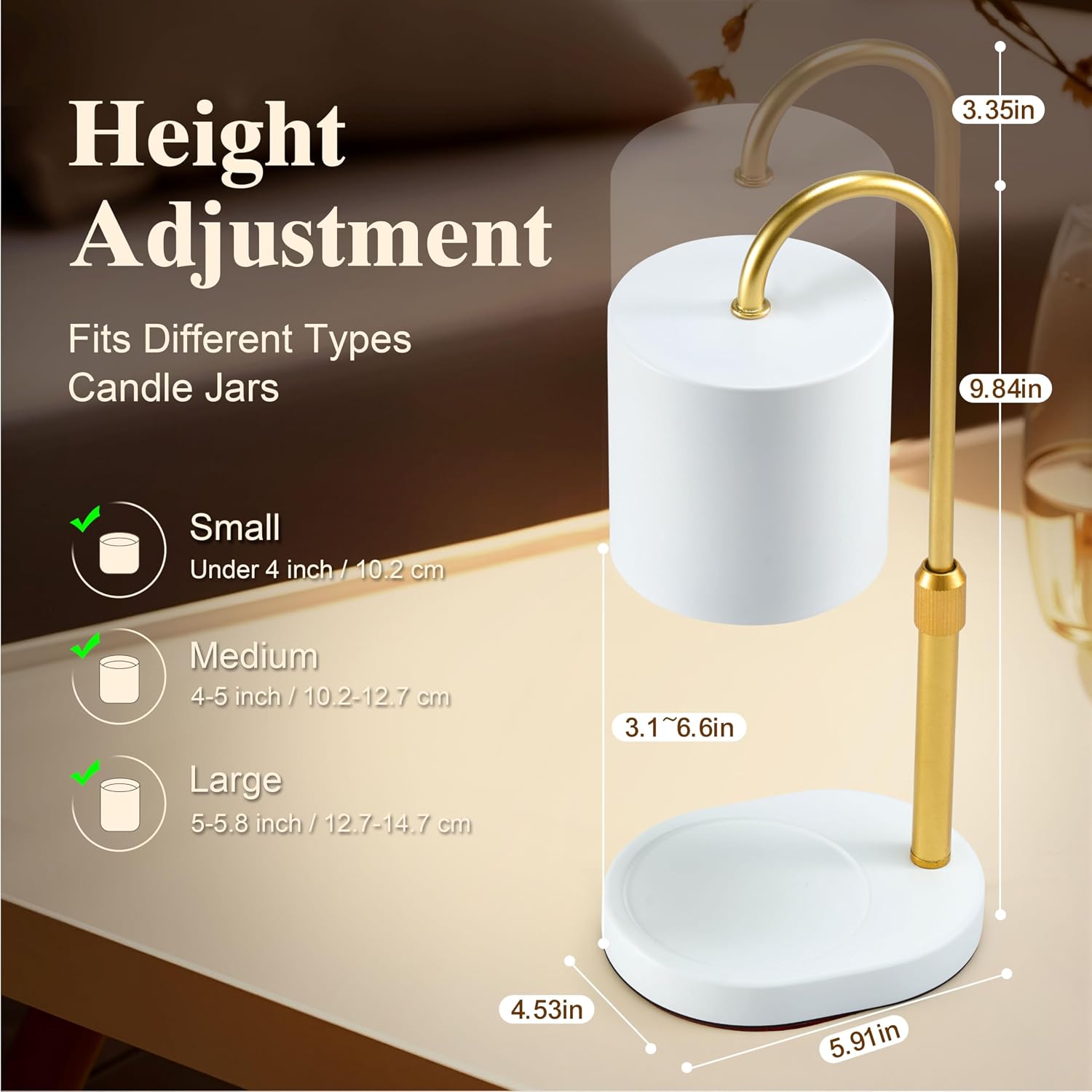 Dreamholder Electric Candle Warmer Lamp with Timer & Dimmer, Adjustable Height Wax Melt Warmer for Jar Candles, Wood Base Candle Melter, Floral Home Decor Gifts for Women, Mom, White Gold