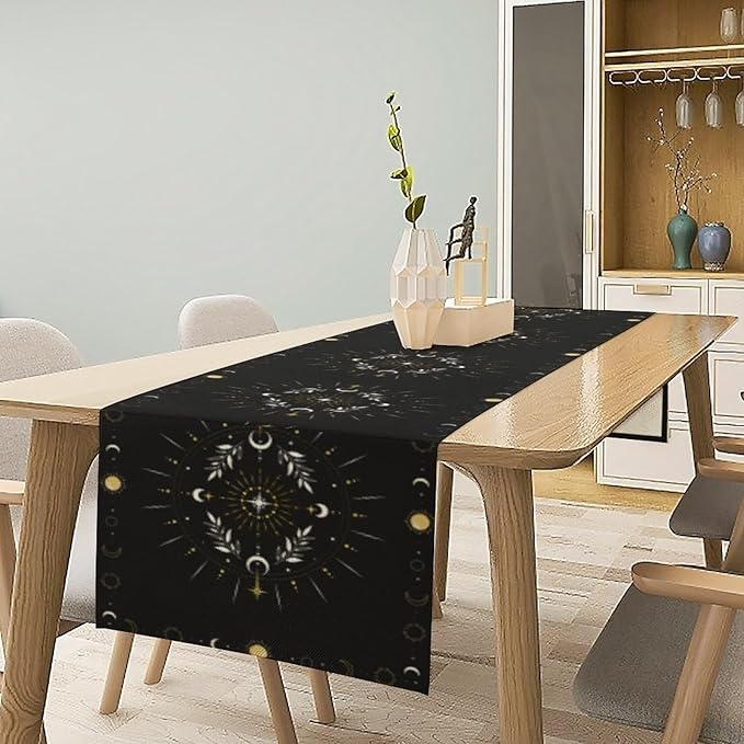 Sun Moon Table Runner, Magical Leaves Mysterious Western Traditional Elements Black White Table Runner for Party Living Room Home Kitchen Dinner 13x90 Inch