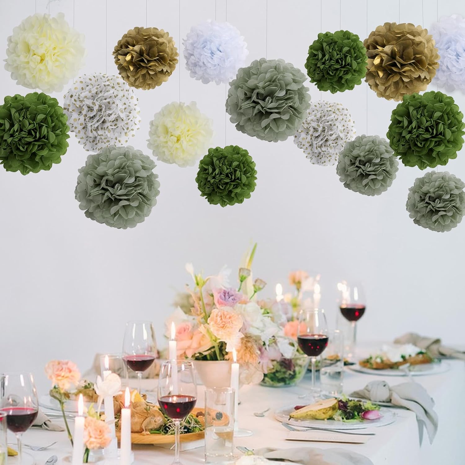 BestoFun 16 PCS Sage Green Party Decorations Tissue Paper Flowers Pom Poms Decorations for Girl Groovy Birthday Baby Shower Wedding Bachelorette Room Wall Hanging Décor