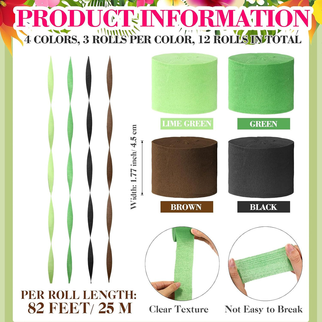Epakh 12 Rolls Black/Green/Brown Crepe Paper Streamers (984ft) - Pixel Themed Party Decorations, Video Game Birthday Supplies, 2026 VBS Dinosaur Jungle Camo Natural Theme Green Party Decor