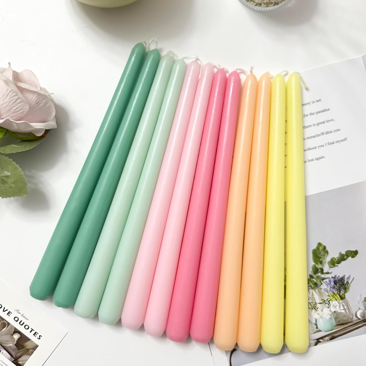 12 Pack 10 inch Dopamine-Color Taper Candle Set for Holiday Dinner Party, Unscented Long Candlesticks, Dripless and Smokeless, 7-8 Hours Burn
