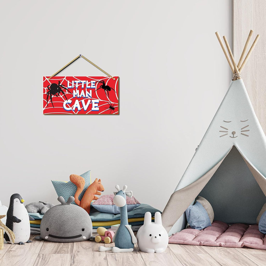 Little Man Cave, Spider Room Decor for Boys Wooden Door Sign Baby Boys Bedroom Wall Decorations for Nursery Toddler Nursery Playroom Wall Art