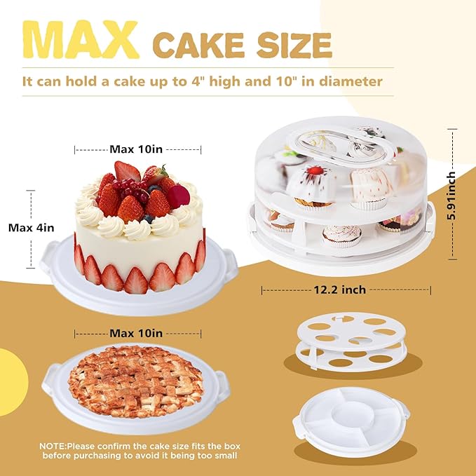 Round Cupcake Carrier for Transport, Two Tier Cupcake Container with Lid and Handle, Multipurpose Cake Holder fits 10 inch Cake, Cupcake Box Holds 14 Standard Cupcakes,White