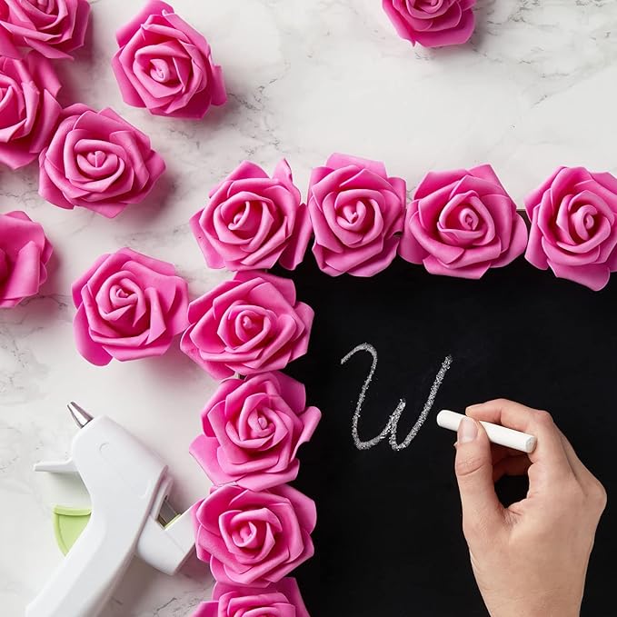 Juvale Artificial Roses - 3 in Heads, 100-Pack, Hot Pink - Faux Flowers for Vase & Wedding Decor - Centerpiece Table Decorations & Bridal Bouquet