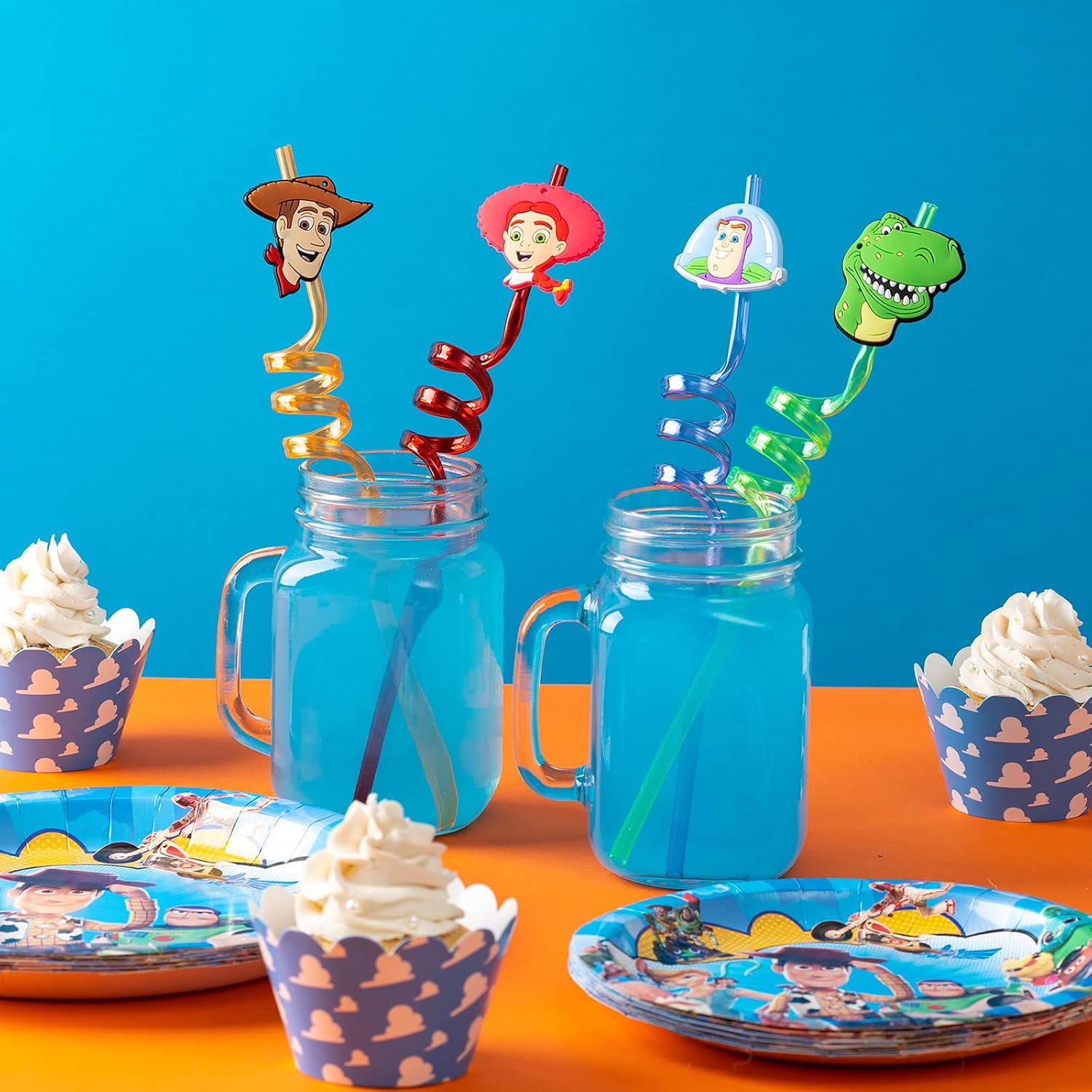 24Pcs Toy Inspired Story Birthday Party Supplies Reusable Drinking Straws,8 Designs Toy Themed Story Party Favors with 2 Cleaning Brushes